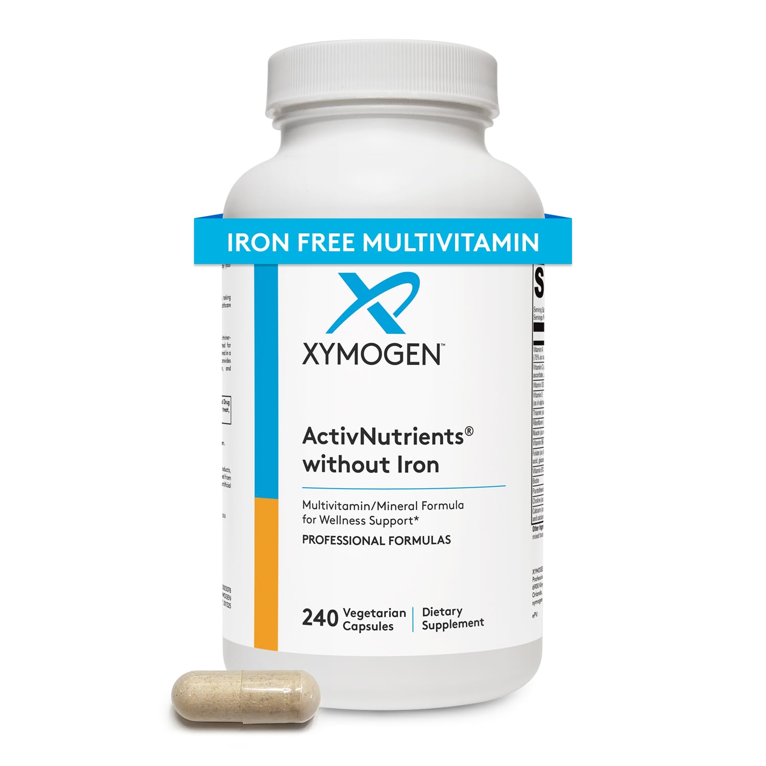 XYMOGEN ActivNutrients sans fer — bouteille montrant la formule complète pour énergie et bien-être.