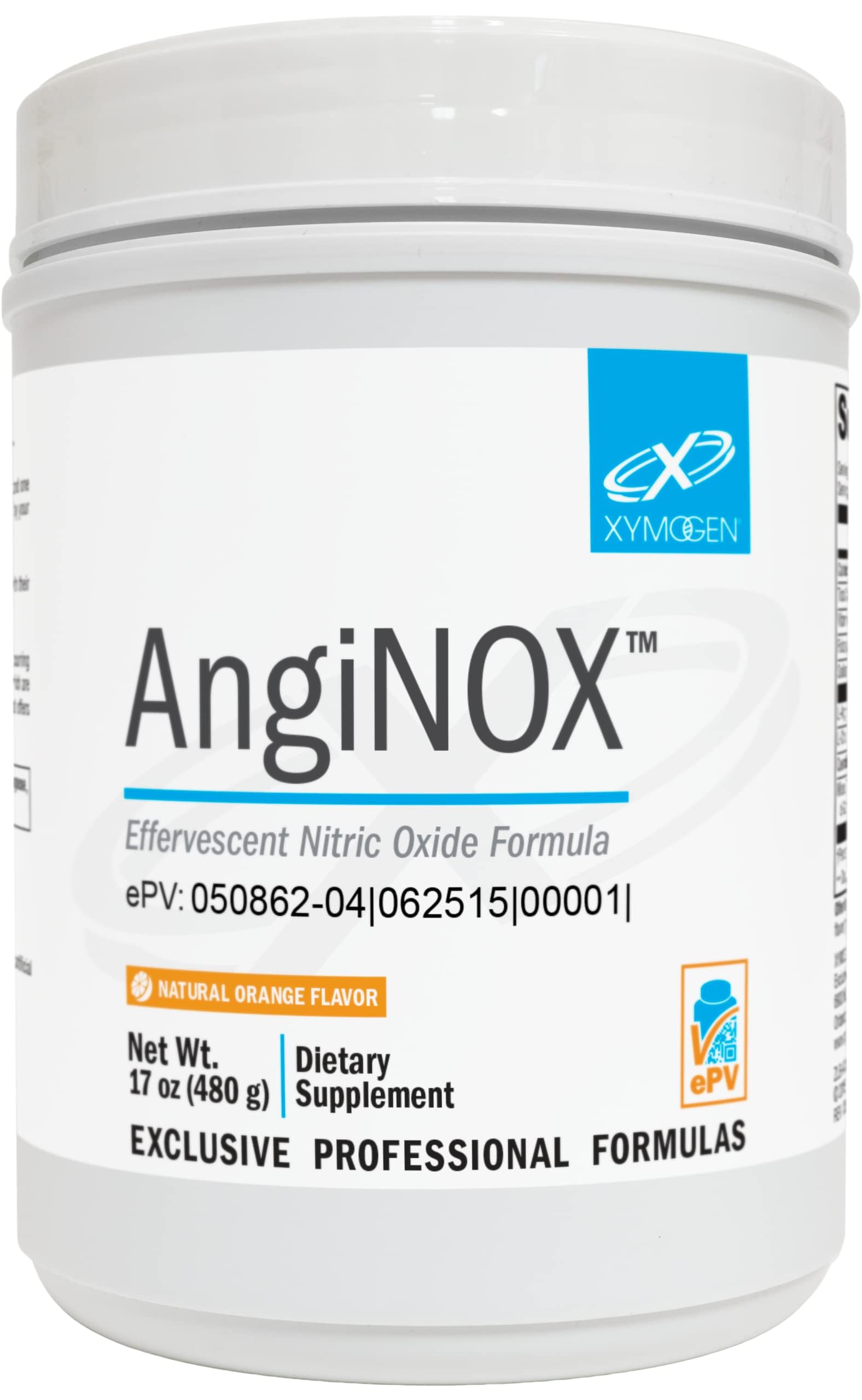 AngiNOX XYMOGEN, poudre effervescente orange, pour soutenir l'énergie et le flux sanguin.