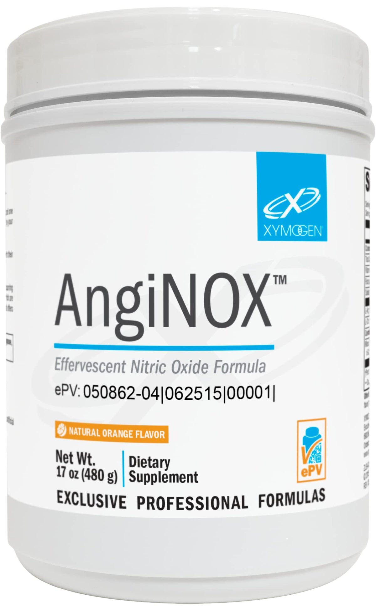 AngiNOX XYMOGEN, poudre effervescente orange, pour soutenir l'énergie et le flux sanguin.