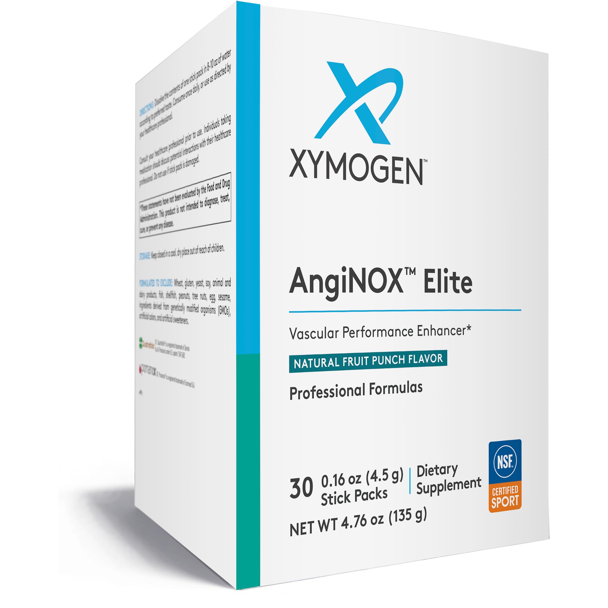 XYMOGEN AngiNOX Elite, bouteille et poudre, soutient une circulation saine et énergie durable.