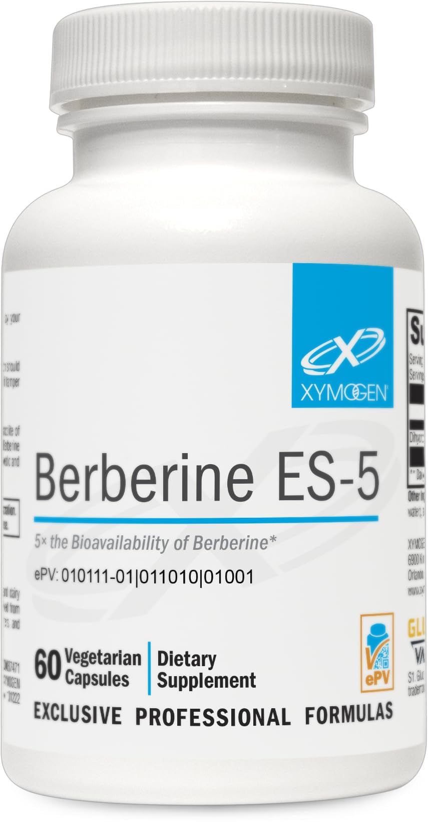 XYMOGEN Berberine ES-5, bouteille DHB, soutien métabolique potentiel.