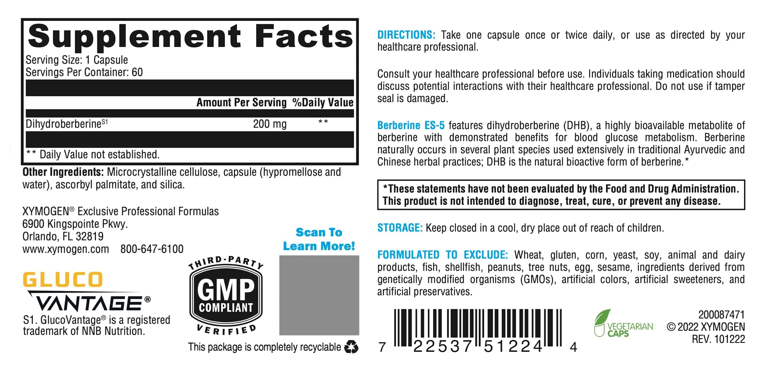 XYMOGEN Berberine ES-5, gélules DHB pour absorption améliorée.