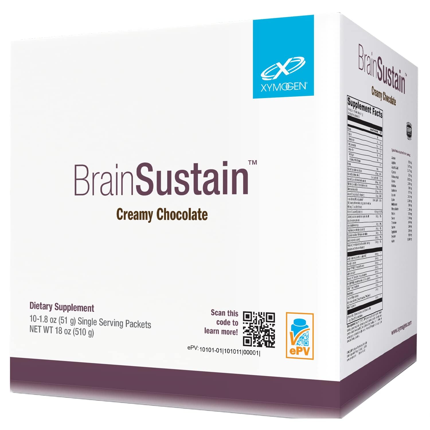 XYMOGEN BrainSustain poudre chocolat prête à mélanger pour votre routine quotidienne.