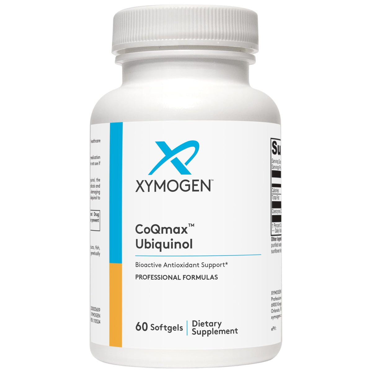 Xymogen CoQmax: bouteille softgel et potentiel antioxydant.