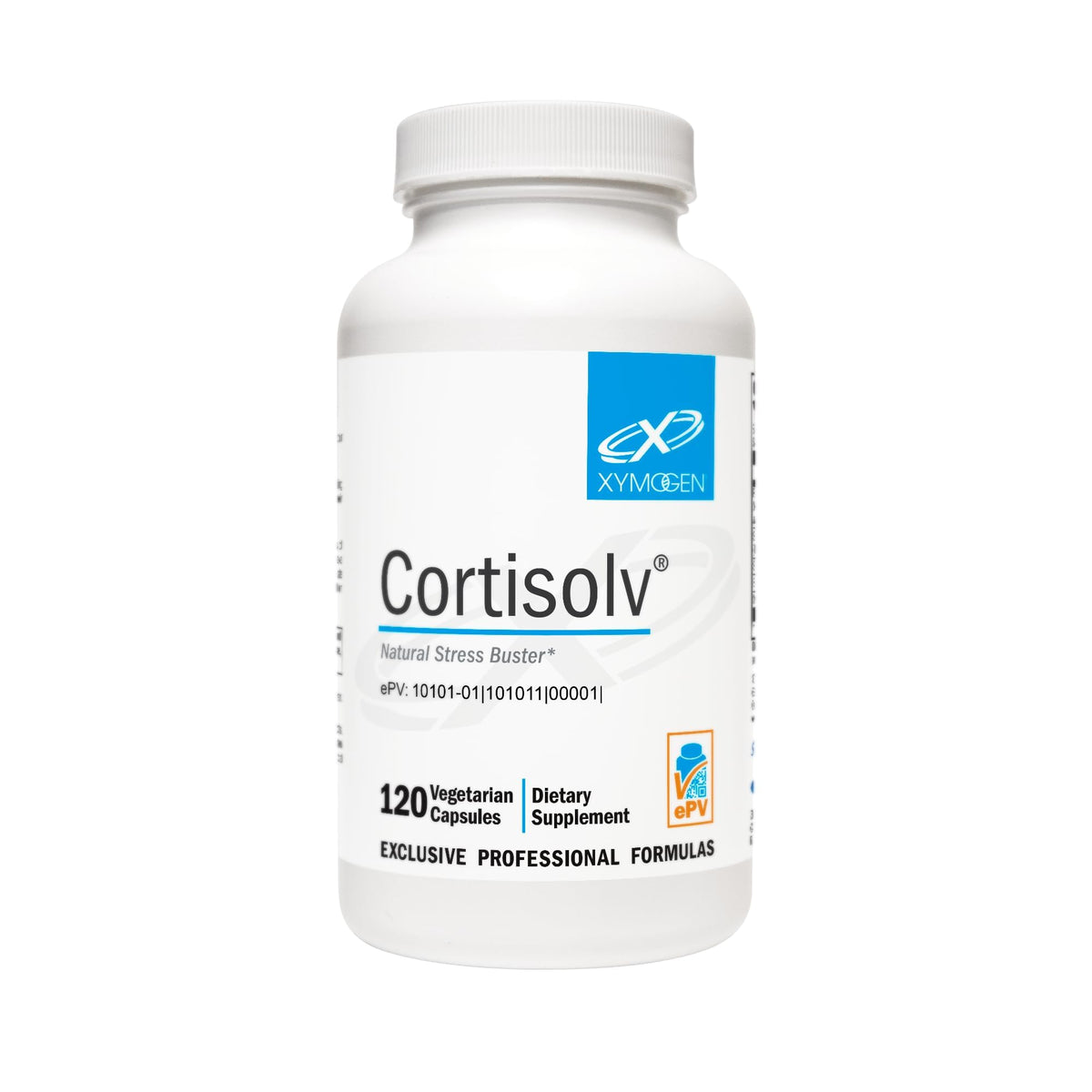 Xymogen Cortisolv en bouteille: soutien quotidien des niveaux de cortisol et énergie naturelle.