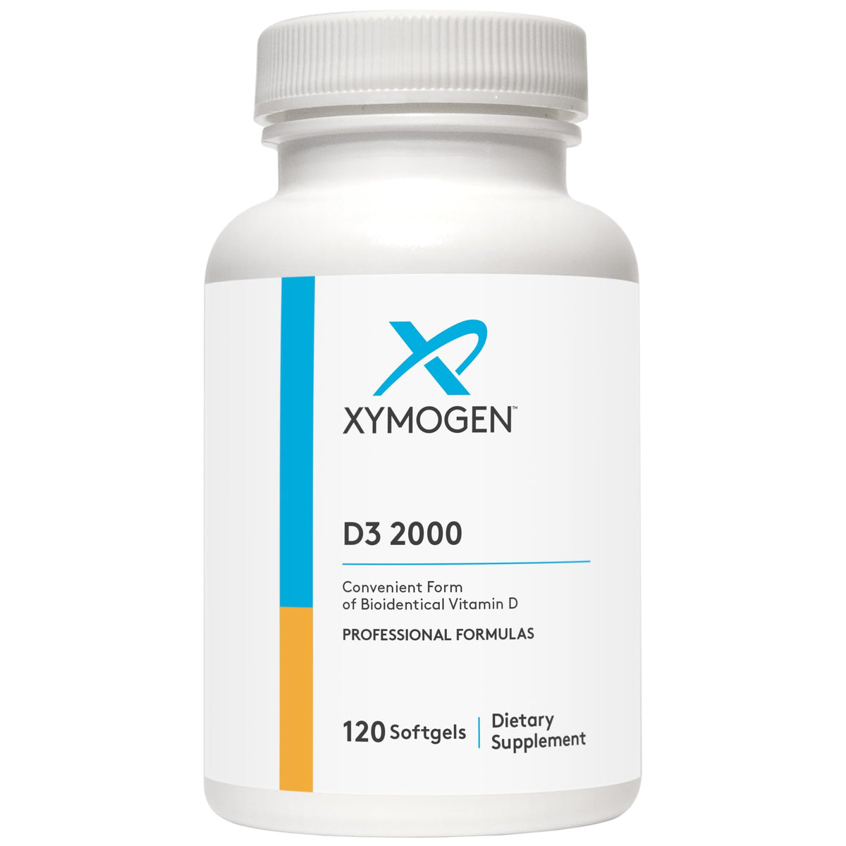 XYMOGEN D3 2000: bouteille montrant les gélules biodisponibles pour le quotidien.