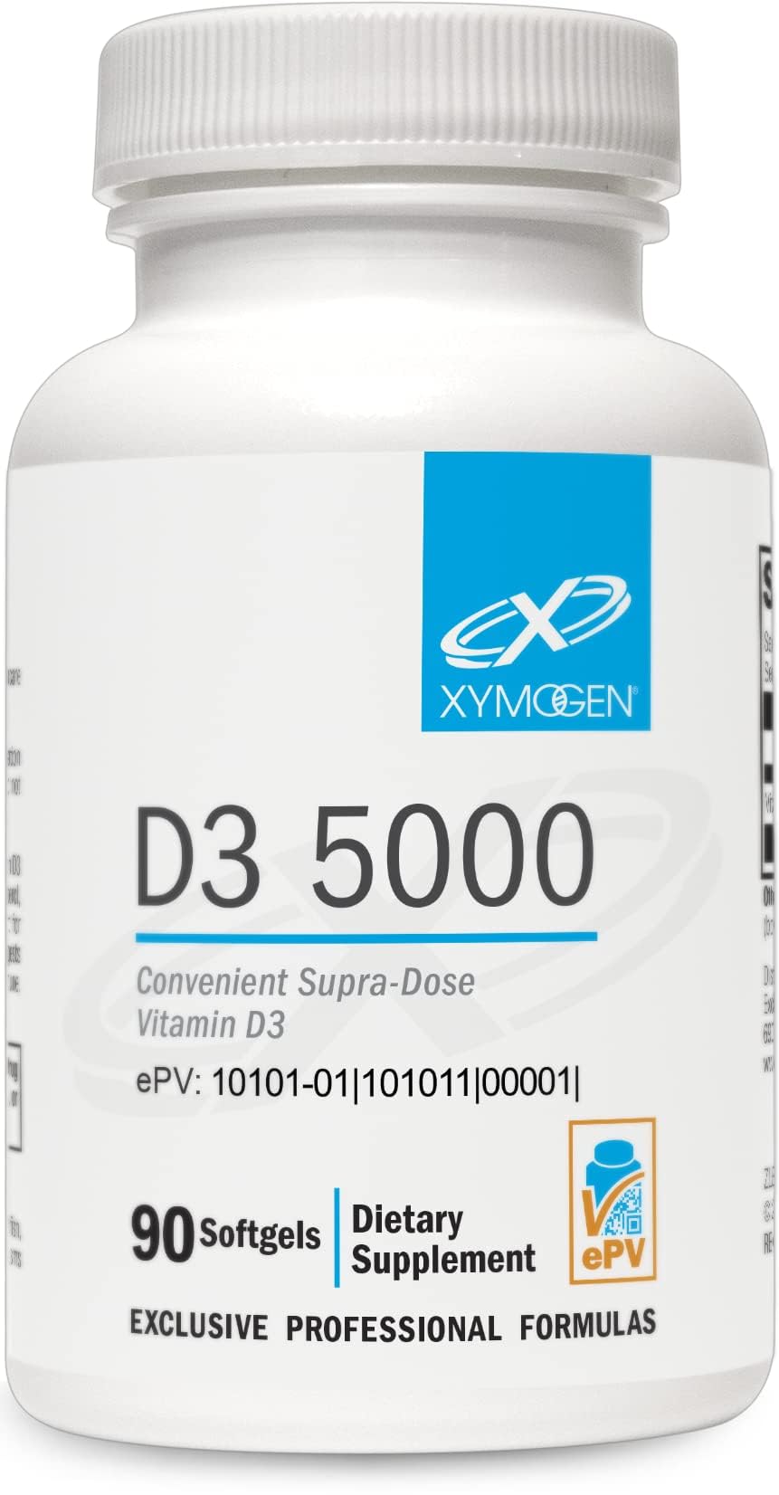 Xymogen D3 5000: bouteille de gélules, soutien potentiel à la santé immunitaire.