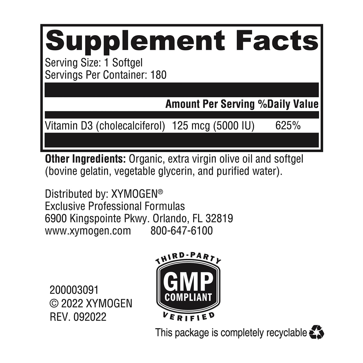 XYMOGEN D3 5000, étiquette lisible, formule bio-disponible pour os et cœur.