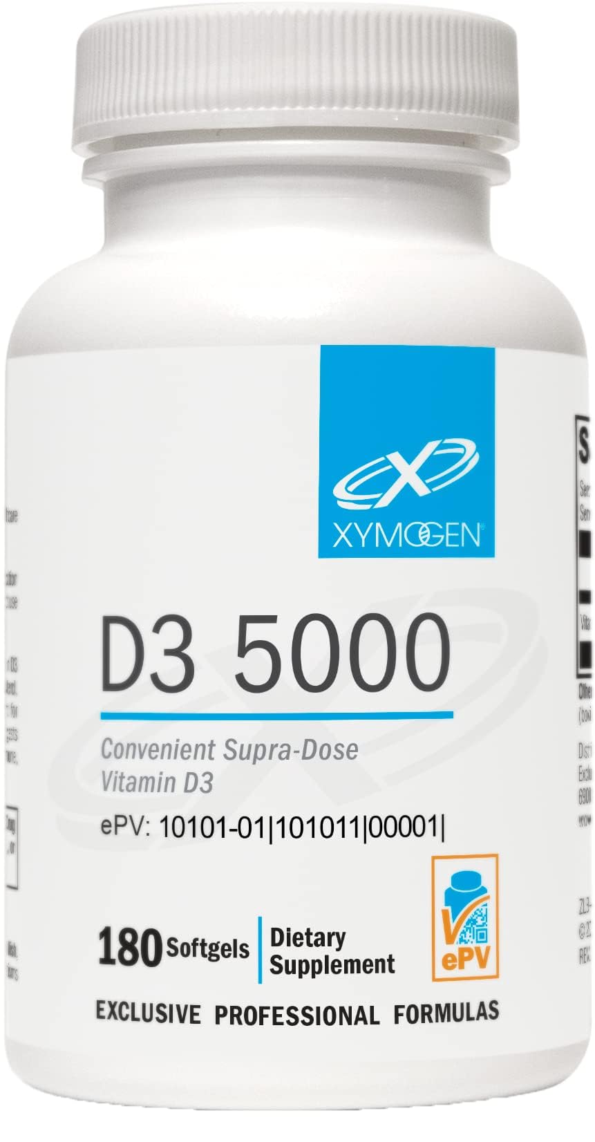 XYMOGEN D3 5000, bouteille de gélules molles, soutien immunitaire potentiel en vitamine D.