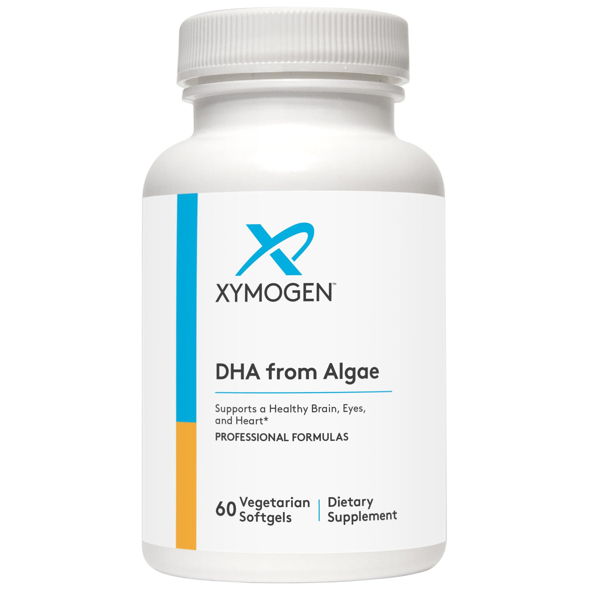 XYMOGEN DHA algue - bouteille montre l’emballage durable et source oméga-3 sans poisson.