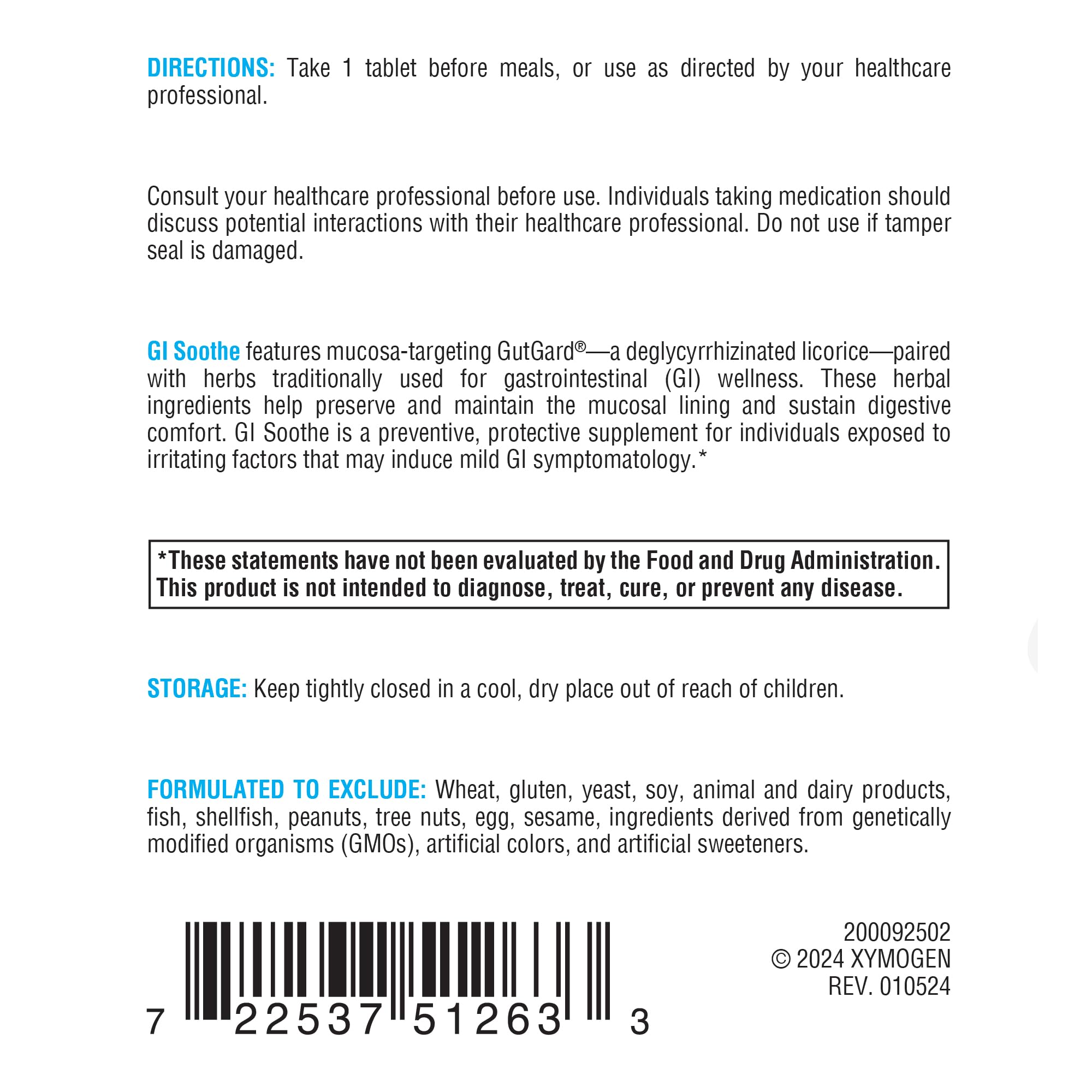XYMOGEN GI Soothe Chocolat — détail des ingrédients et actifs clés.
