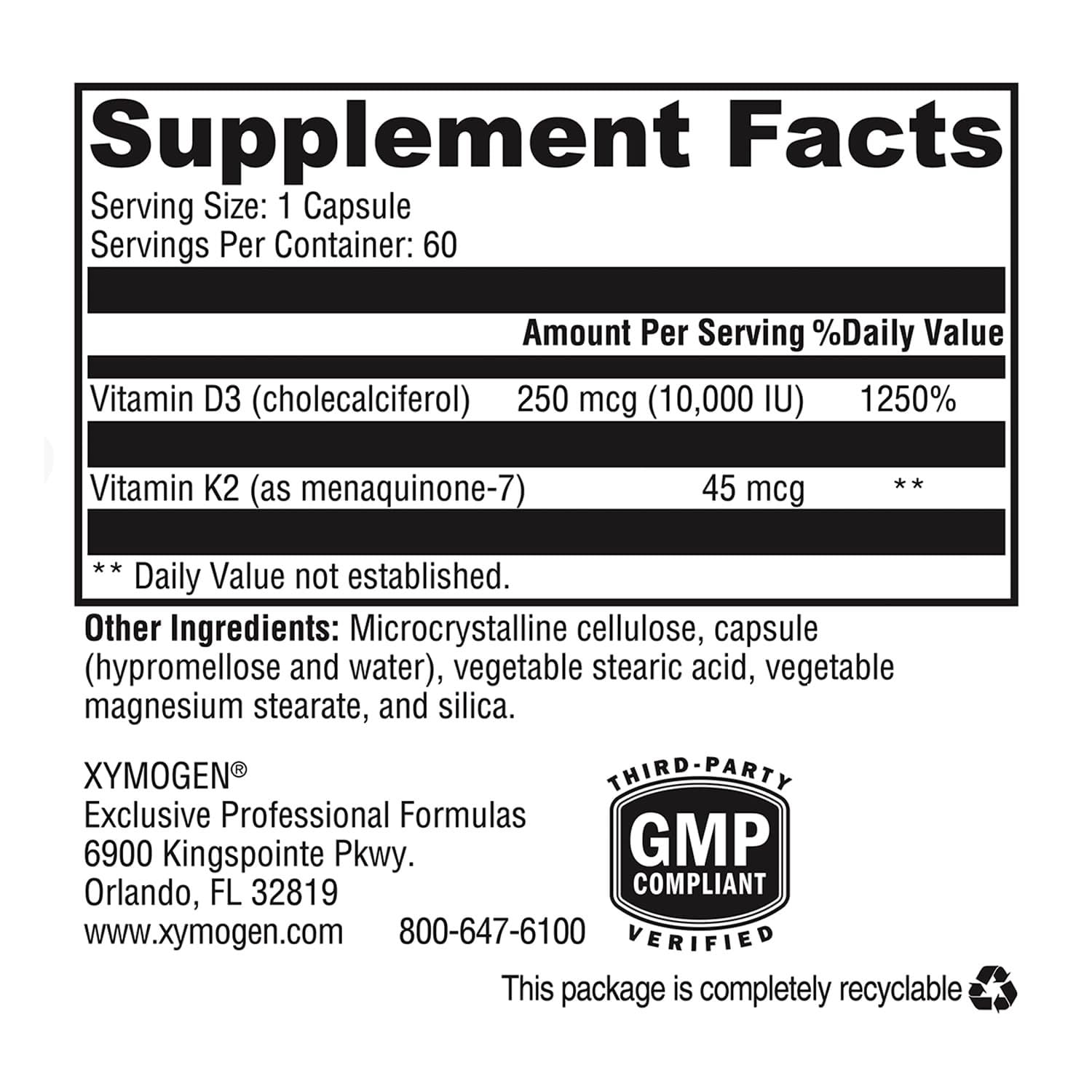 Xymogen K2-D3 10000 – etiquette nutritionnelle, informations utiles et bénéfices potentiels pour les os.