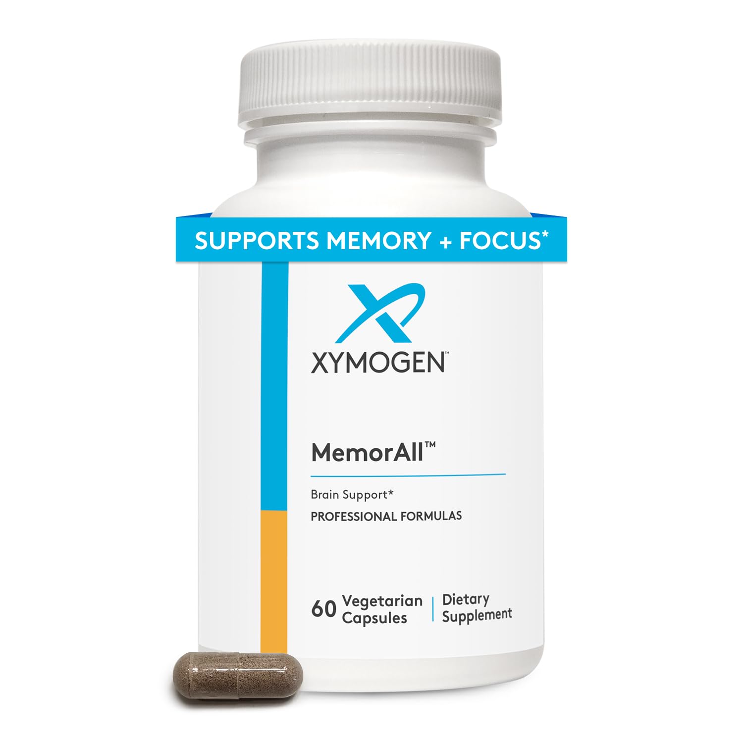 XYMOGEN MemorAll, bouteille et étiquette; soutien potentiel de la concentration.