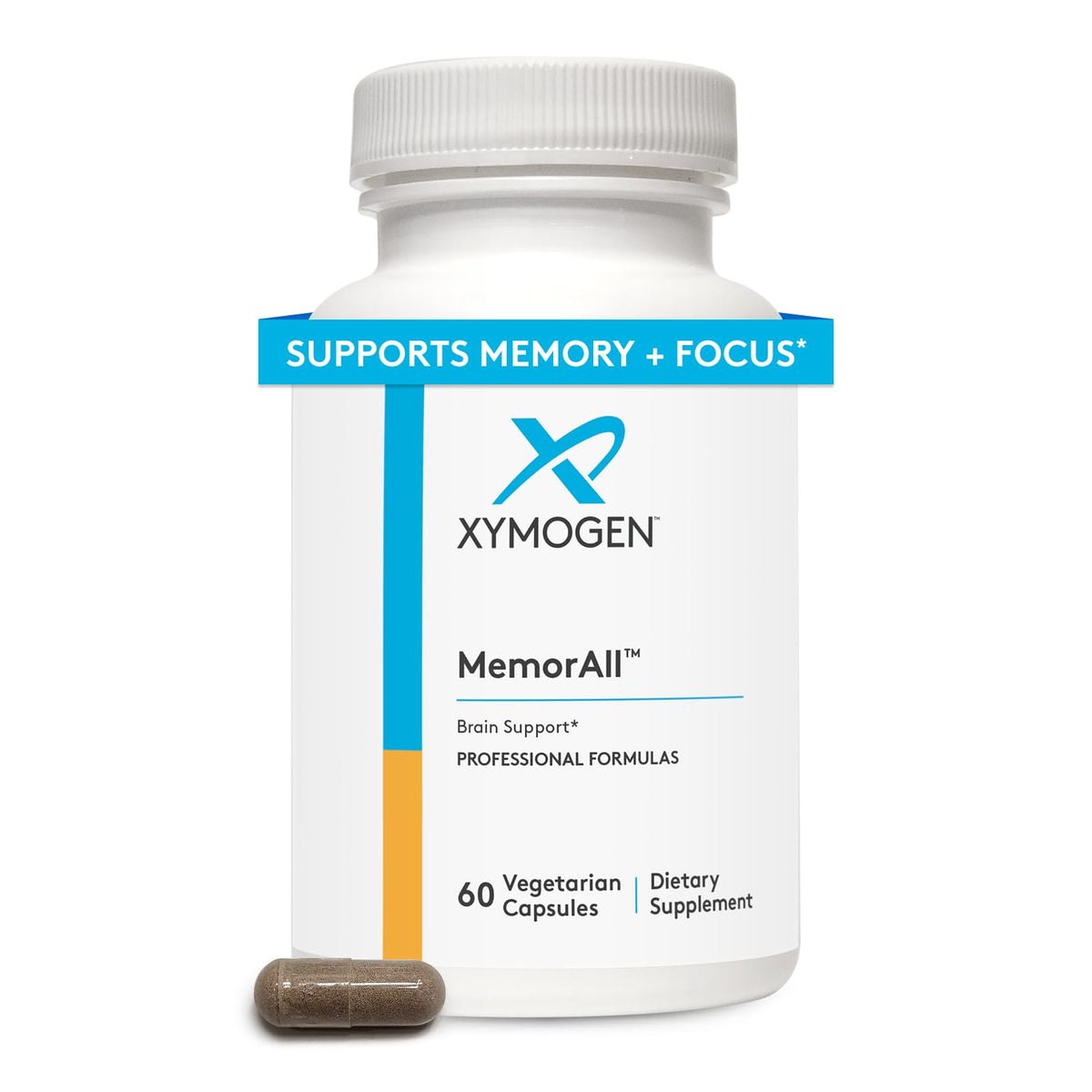 XYMOGEN MemorAll, bouteille et étiquette; soutien potentiel de la concentration.