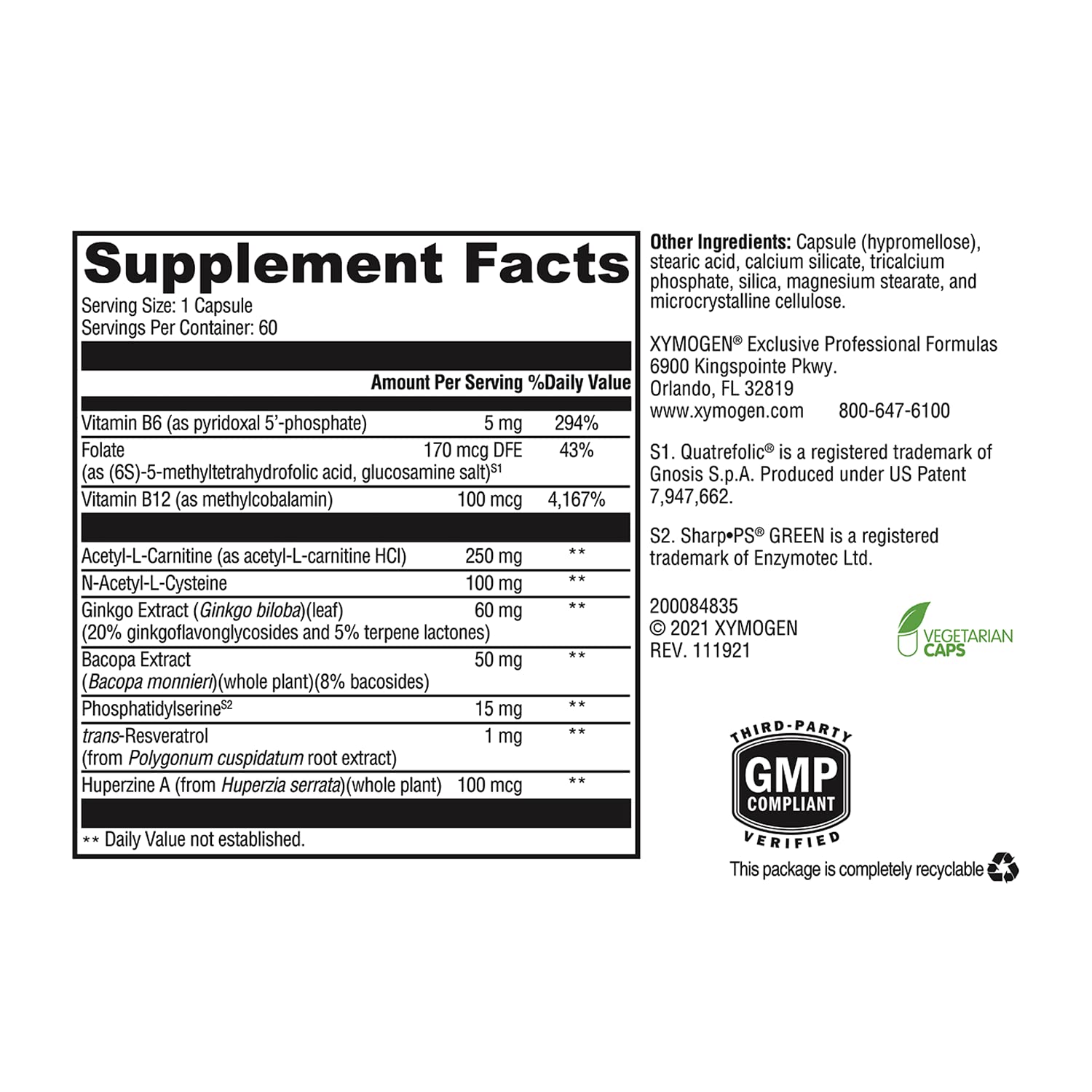 XYMOGEN MemorAll, quatrefolic 5-MTHF; soutien potentiel du métabolisme des folates.