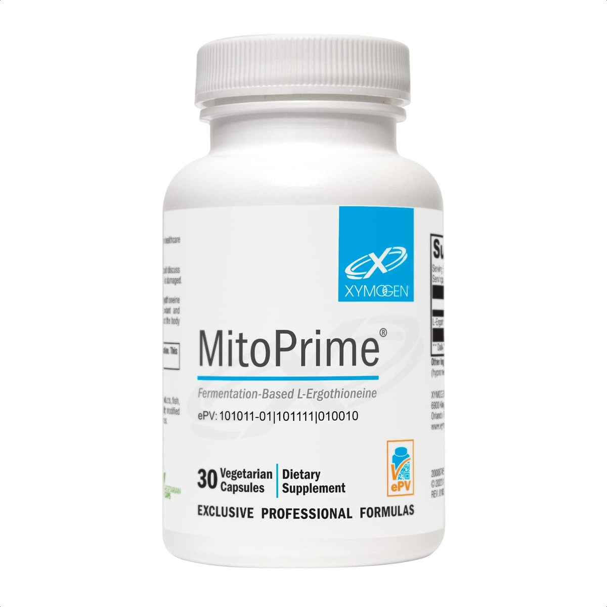Bouteille XYMOGEN MitoPrime avec étiquette indiquant ergothioneine, soutien potentiel à la santé cérébrale