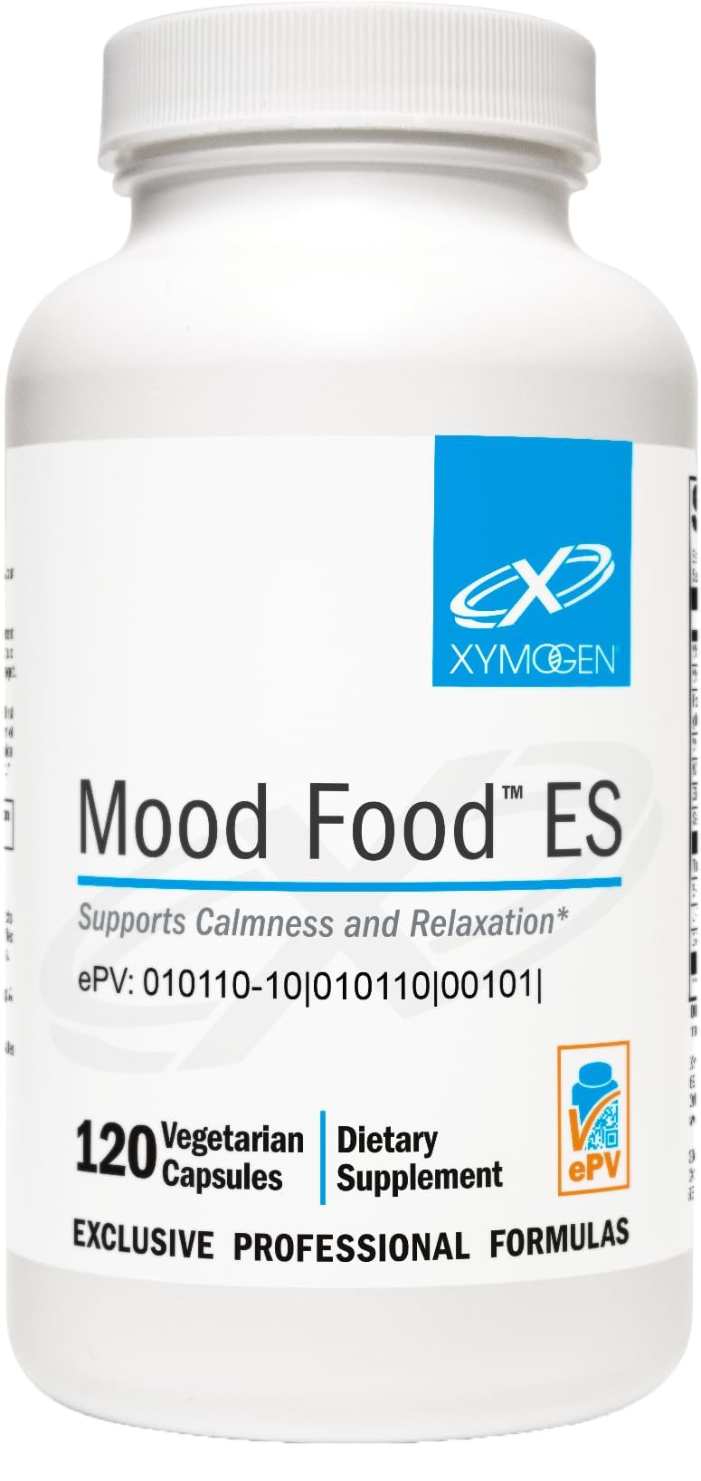Mood Food ES de Xymogen, bouteille de 120 capsules favorisant le calme.