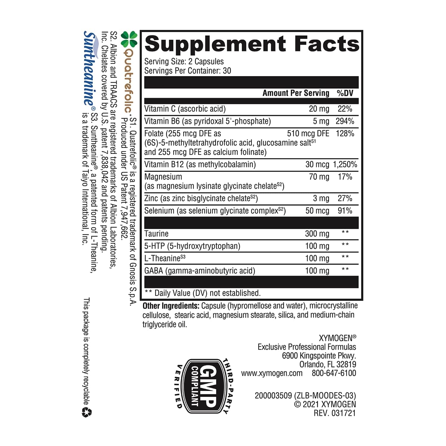 XYMOGEN Mood Food ES capsules affichant le dosage pratique pour le calme quotidien