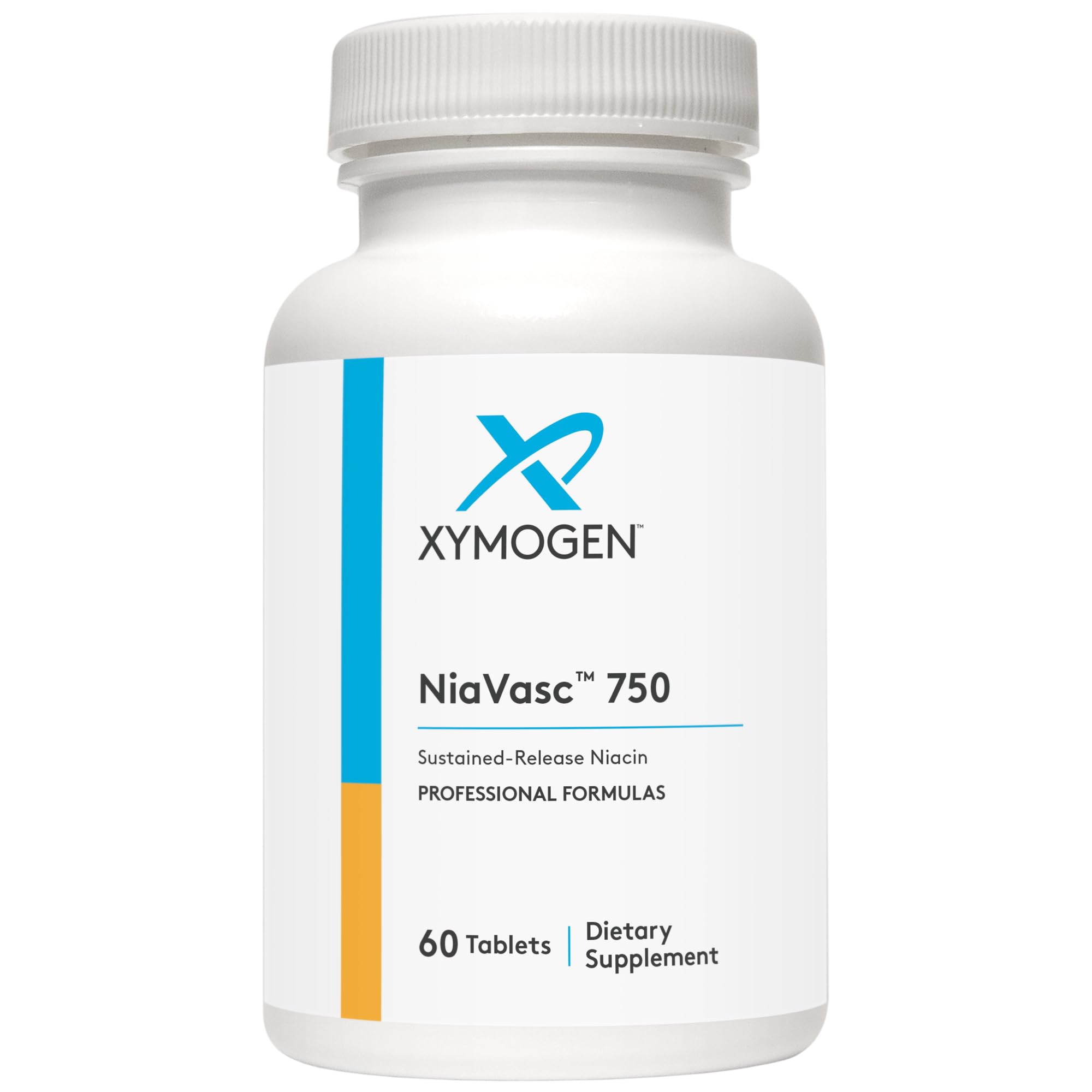 XYMOGEN NiaVasc 750 – bouteille et étiquette, soutien potentiel des lipides dans la plage normale.