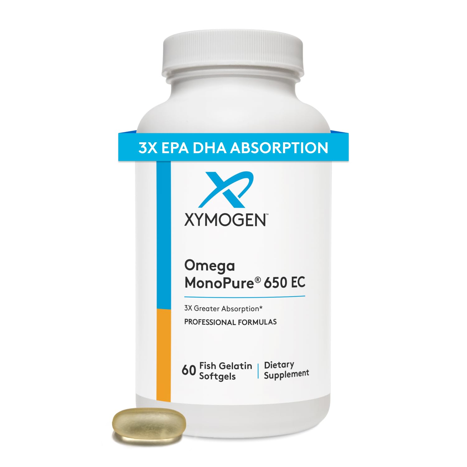 XYMOGEN Omega MonoPure 650 EC – bouteille avec gélules faciles à prendre.