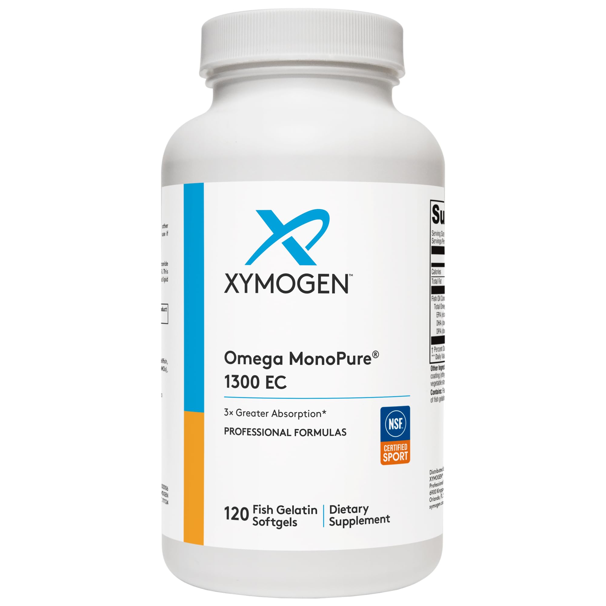 Bouteille Xymogen Omega MonoPure 1300 EC, absorption améliorée et soutien cardio-vasculaire.