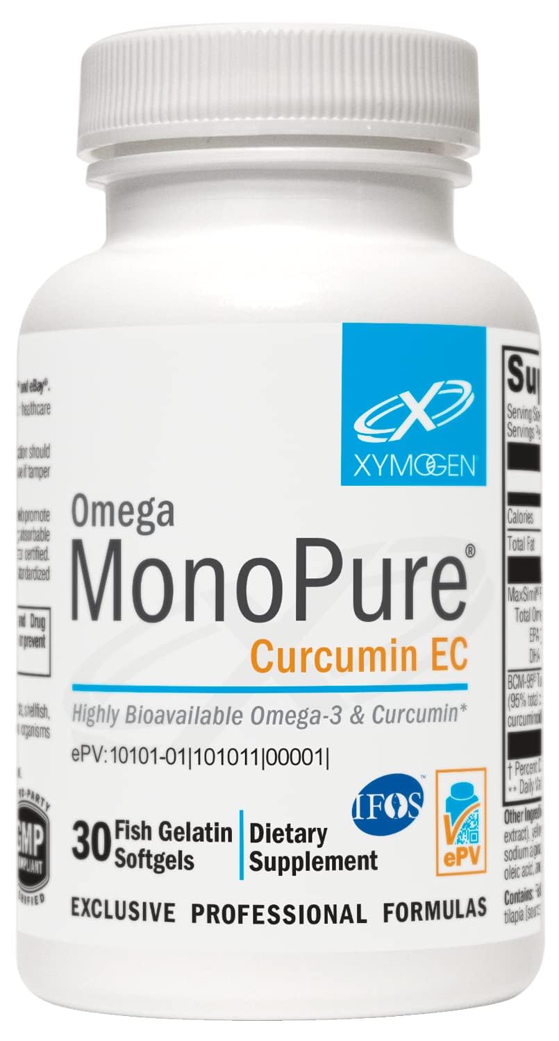 XYMOGEN Omega MonoPure Curcumine EC, bouteille fermée, prise quotidienne potentielle facilitée.