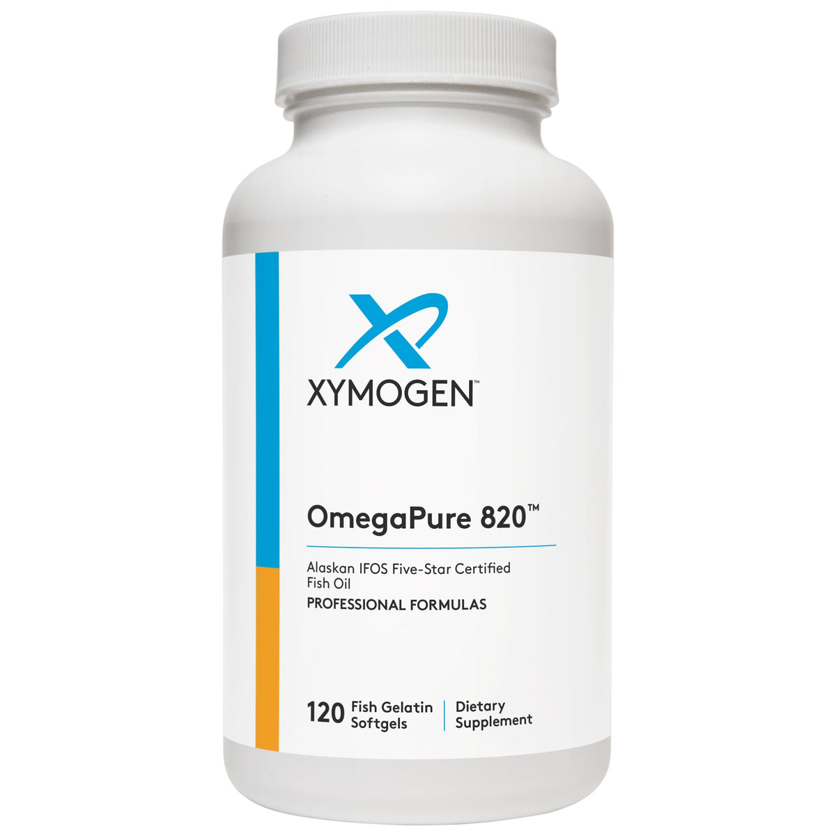 XYMOGEN OmegaPure 820, bouteille softgel prête pour une routine santé quotidienne.