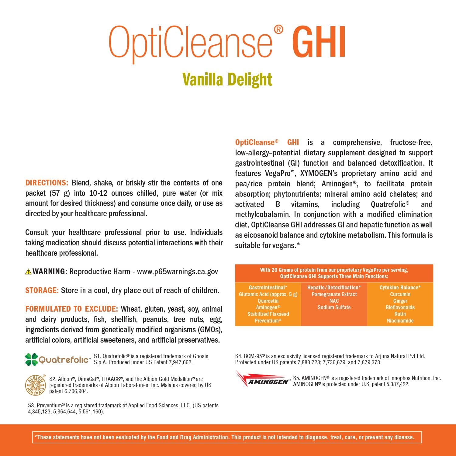 Ingrédients phares XYMOGEN OptiCleanse GHI Detox, protéines végétales et nutriments clé.
