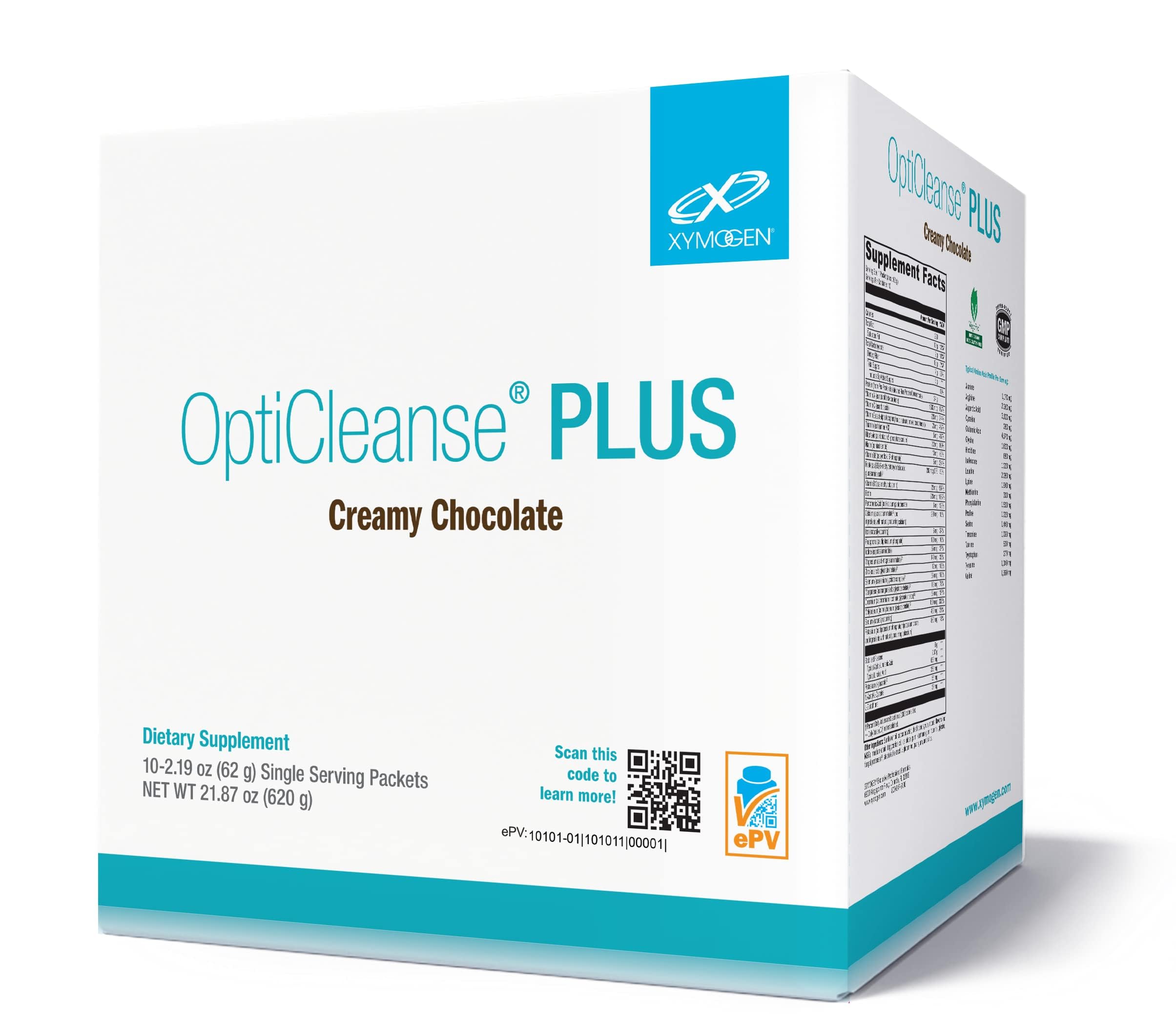 Xymogen OptiCleanse Plus emballage crème chocolat, pratique pour une routine detox.