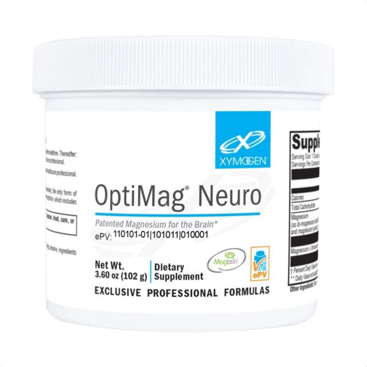 XYMOGEN OptiMag Neuro: bouteille et poudre sans goût, soutien potentiel au bien-être cérébral.