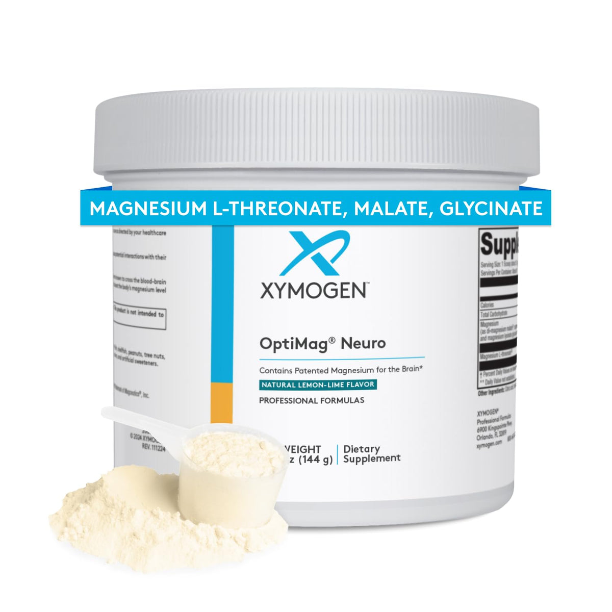 XYMOGEN OptiMag Neuro, bouteille, parfum citron-lime, soutien potentiel à la concentration.