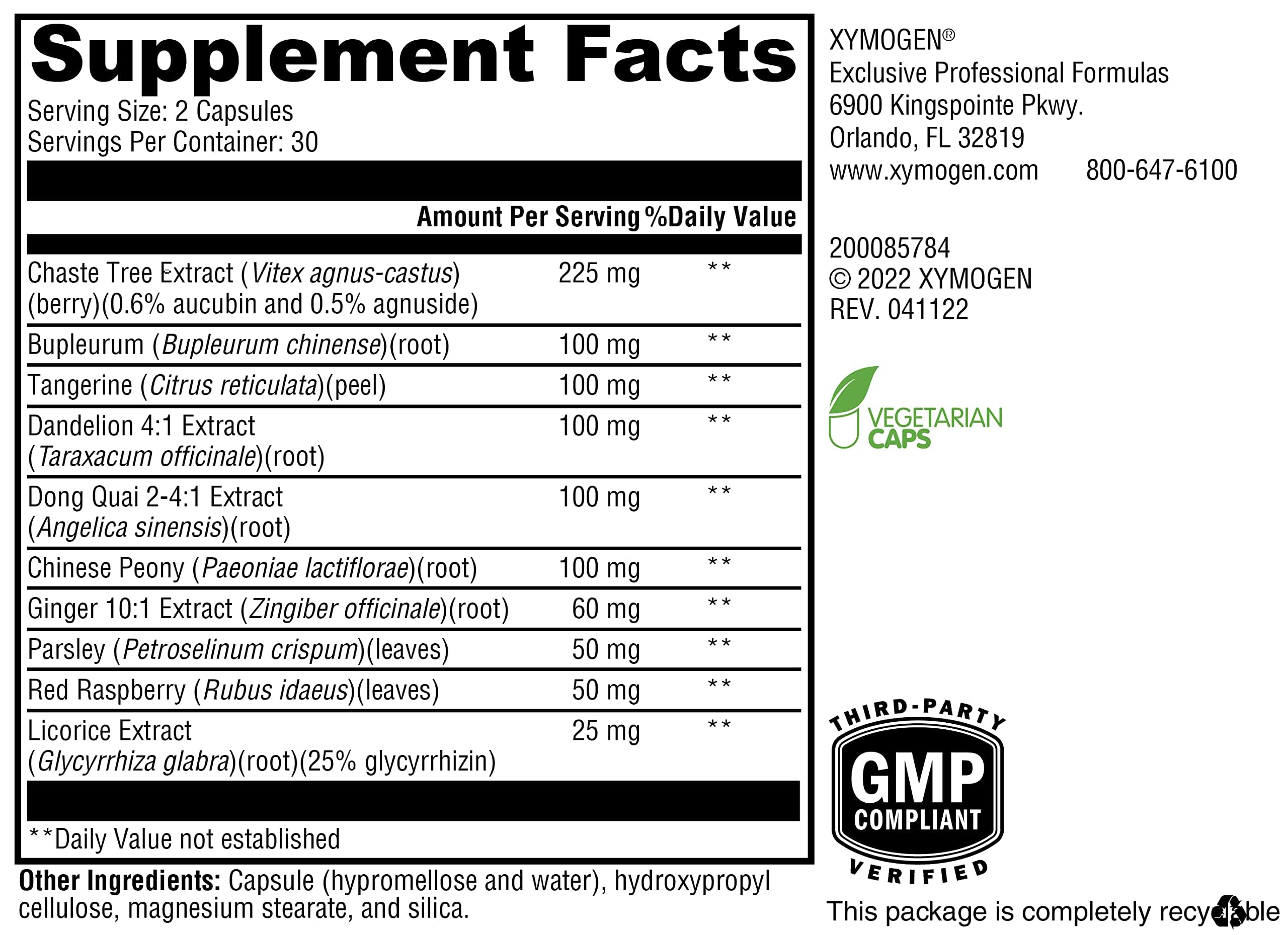 XYMOGEN PMS Soothe – étiquette montrant ingrédients naturels et mention vegan sans gluten.