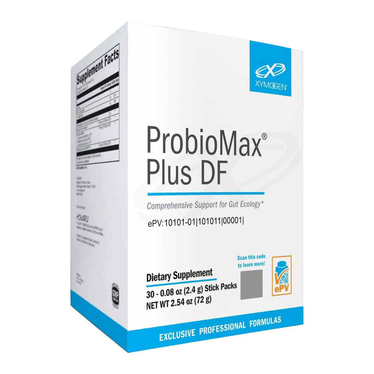 XYMOGEN ProbioMax Plus 40B stick-pack extérieur, soutien potentiel à l'équilibre digestif.