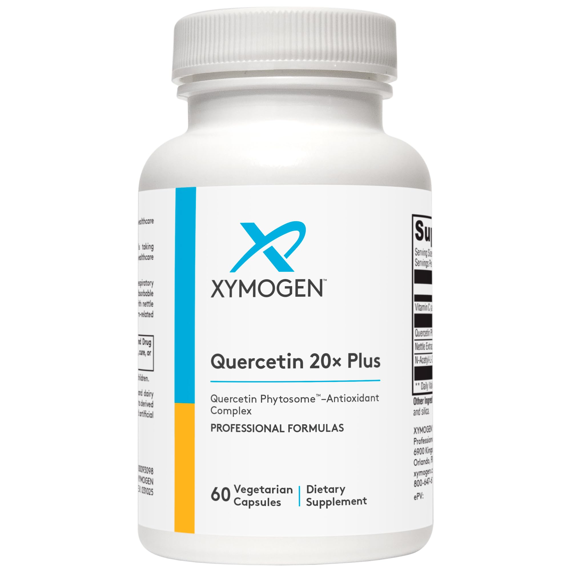 XYMOGEN Quercetin 20x Plus, bouteille de capsules, utilisation quotidienne potentielle pour le système respiratoire.