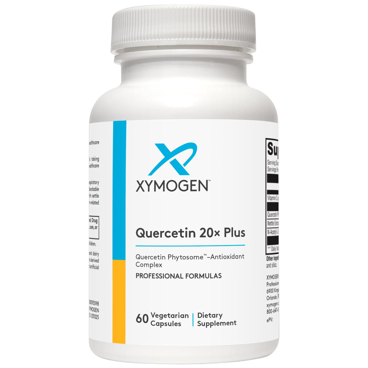 XYMOGEN Quercetin 20x Plus, bouteille de capsules, utilisation quotidienne potentielle pour le système respiratoire.