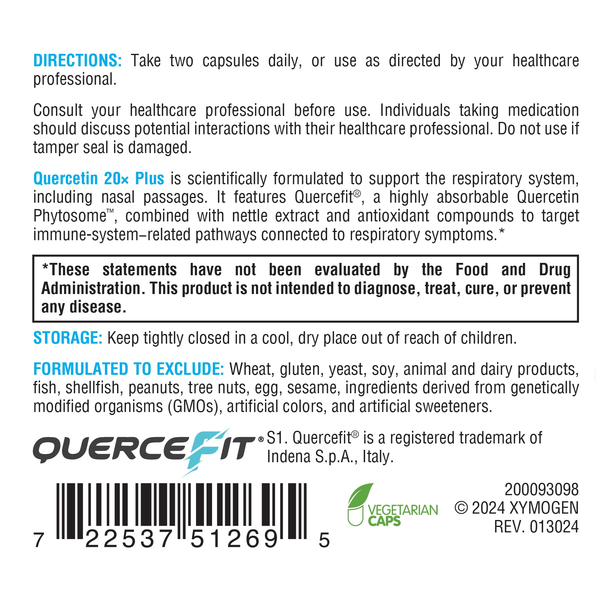 Doseur pratique pour XYMOGEN Quercetin 20x Plus, dosage quotidien facilité.