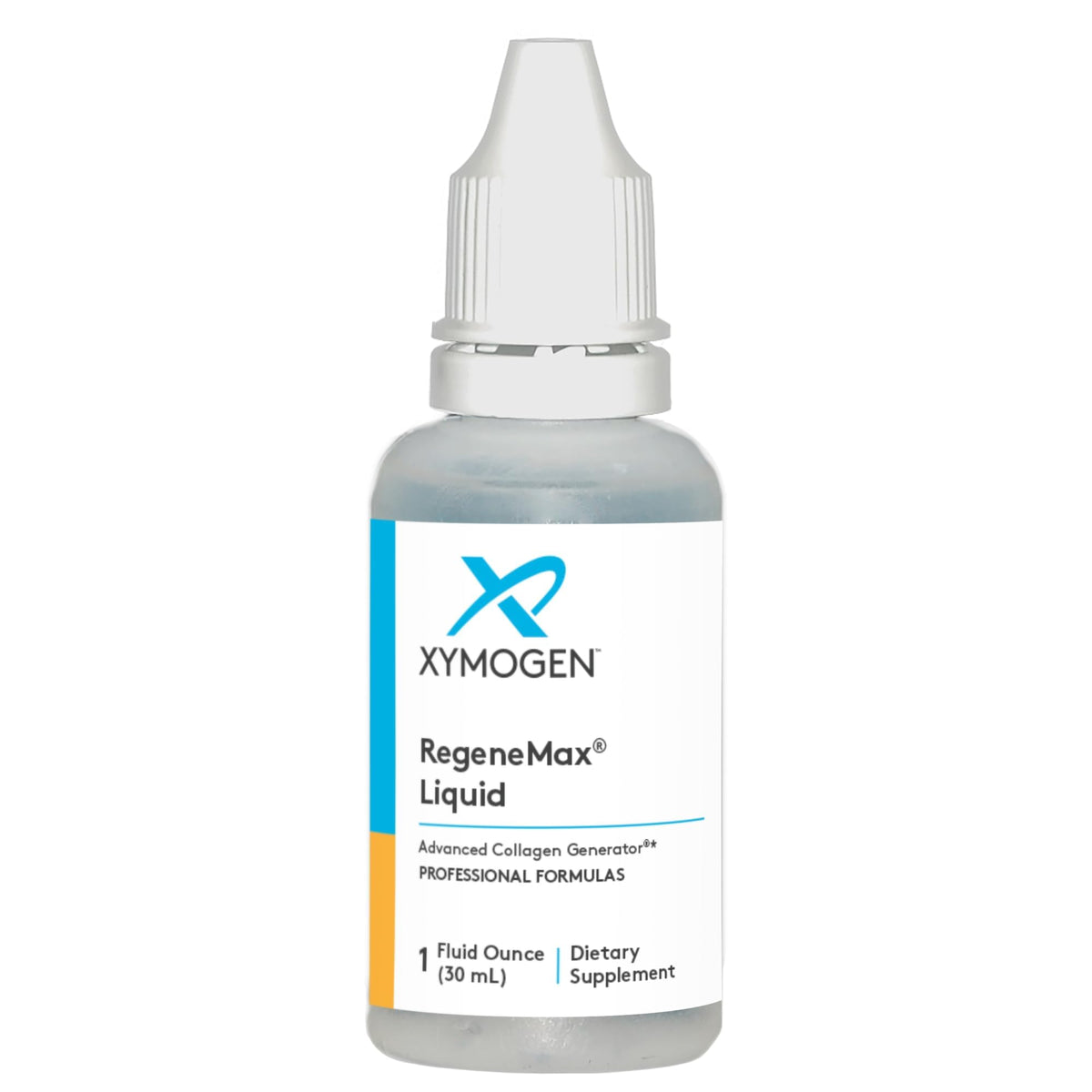 XYMOGEN RegeneMax Liquid, bouteille sur plan de travail, soutien potentiel peau et cheveux.