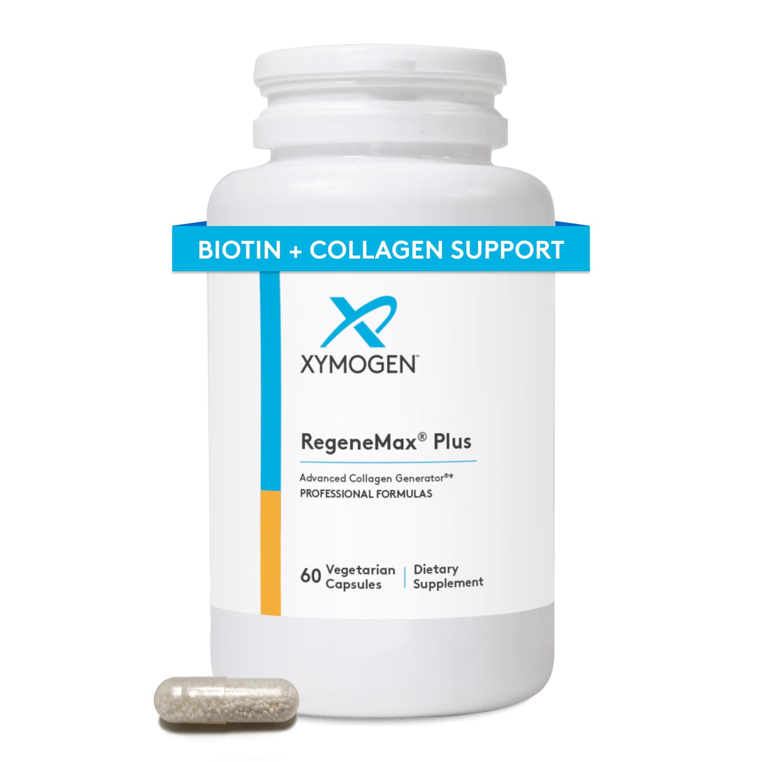 Xymogen RegeneMax Plus – Bouteille visible, soutien potentiel à la peau et aux ongles.