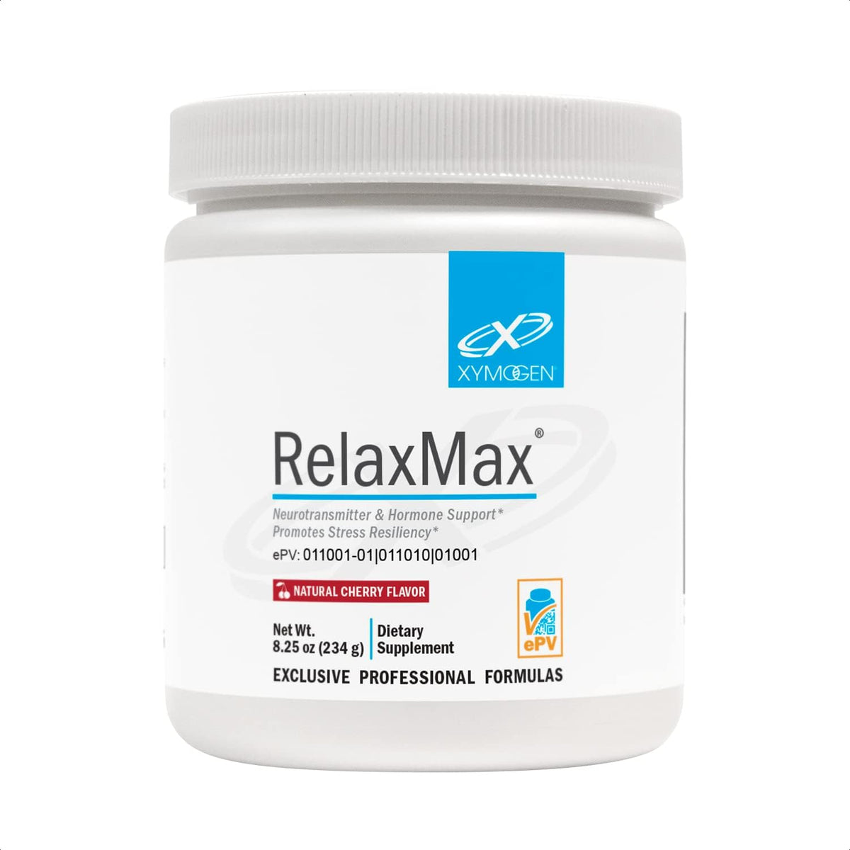 XYMOGEN RelaxMax – poudre cerise près d'un verre d'eau, soutient une détente douce.