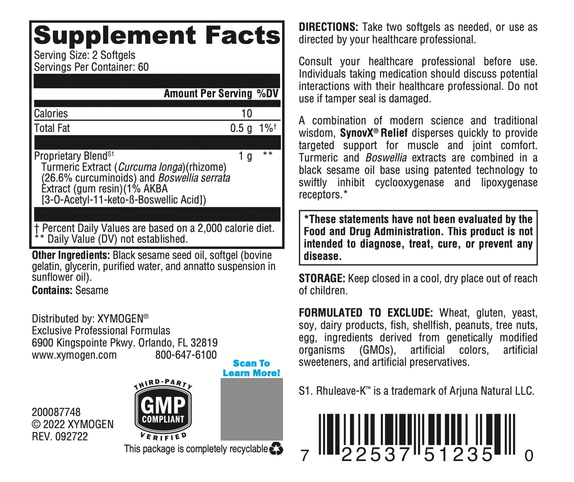 XYMOGEN SynovX Relief – sans gluten et vegan, adaptation facile.