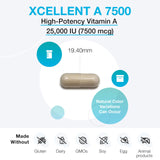 Étiquette Xymogen Xcellent A7500 indiquant palmitate de rétinyle et forme vitamine A.
