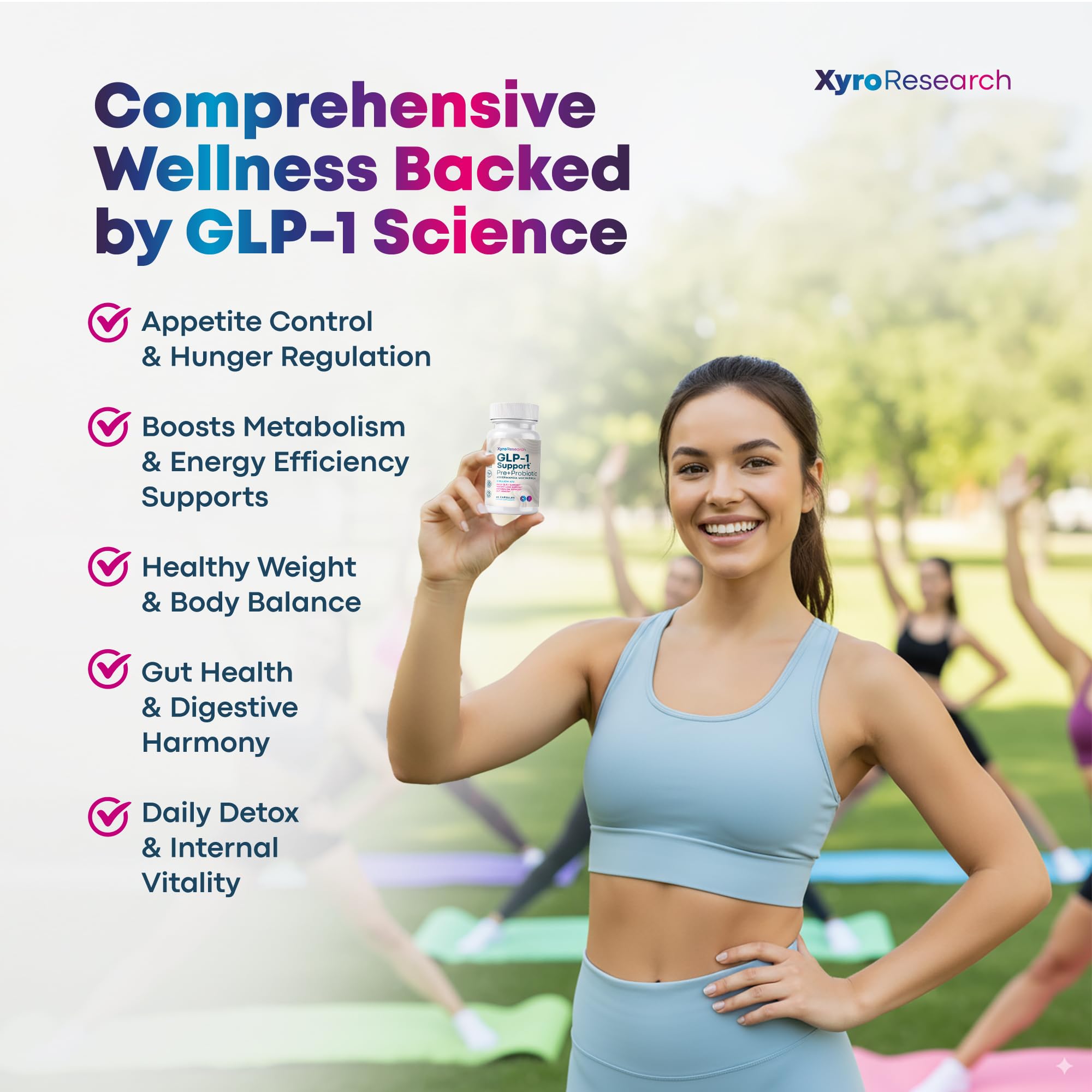 Xyro Research GLP-1 Support, boîte de 60 gélules pour une prise quotidienne.
