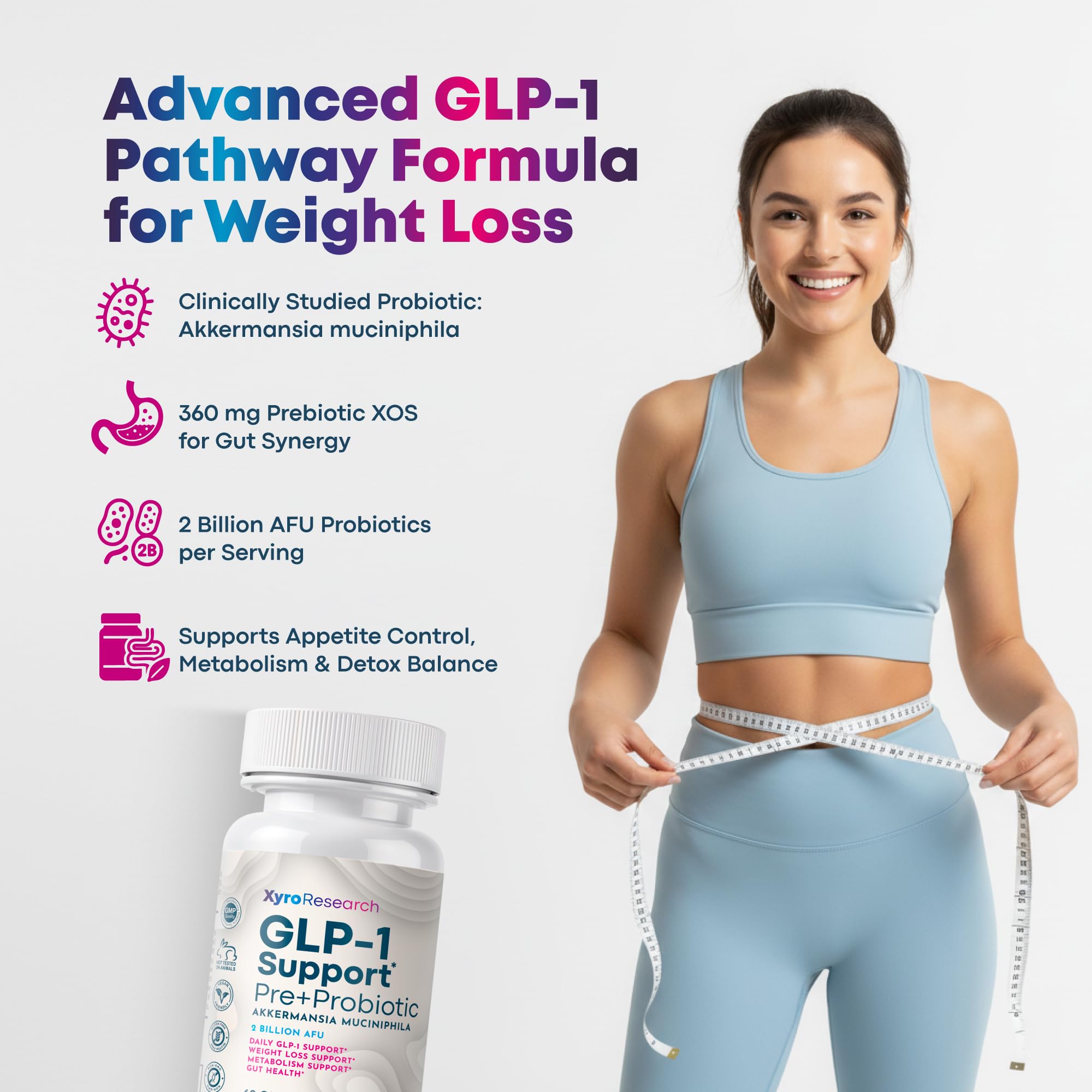 Xyro Research GLP-1 Support, étiquette indiquant ingrédients véganes et absence d’allergènes.