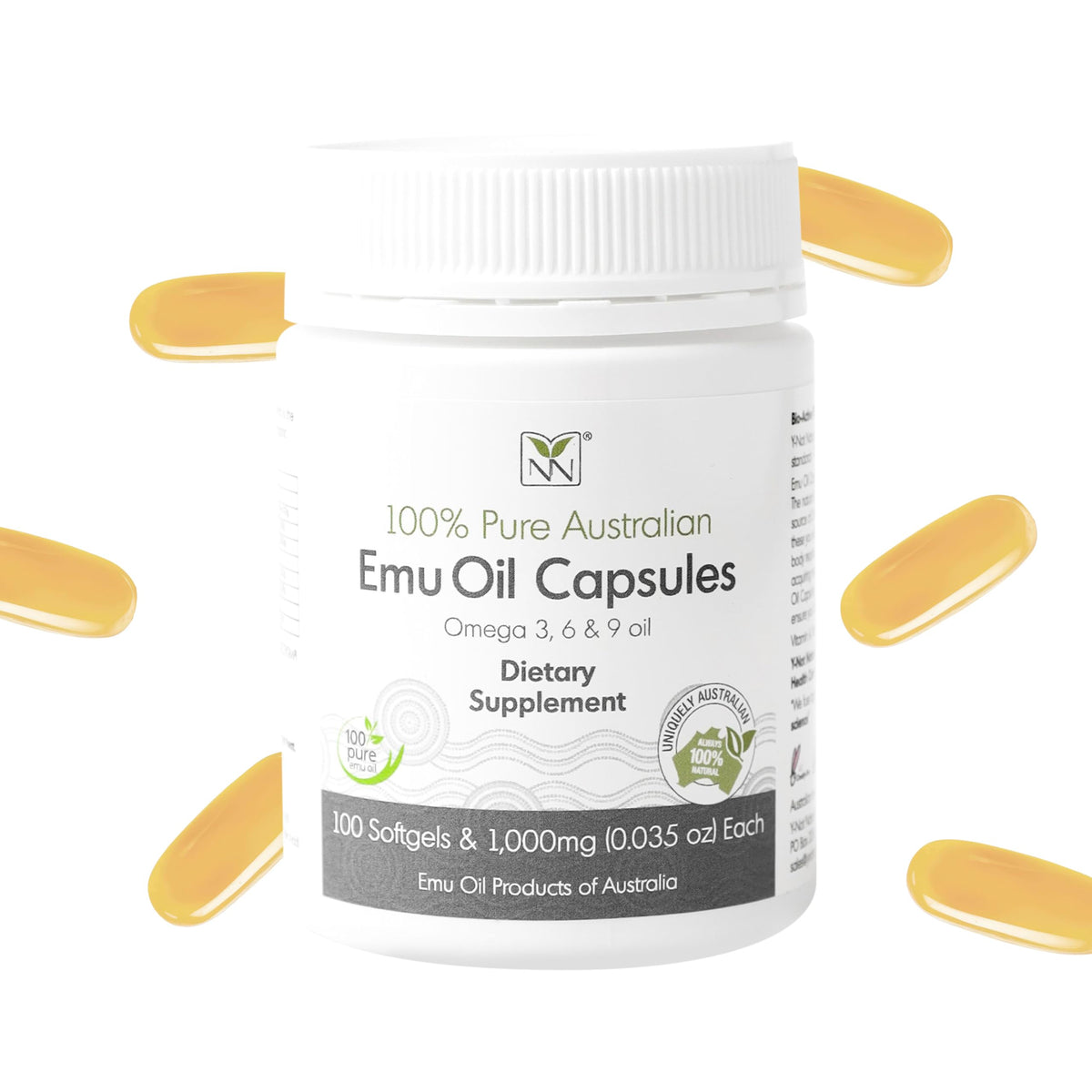 Capsules huile d'ému Y Not Natural dans une bouteille pour le bien-être quotidien.