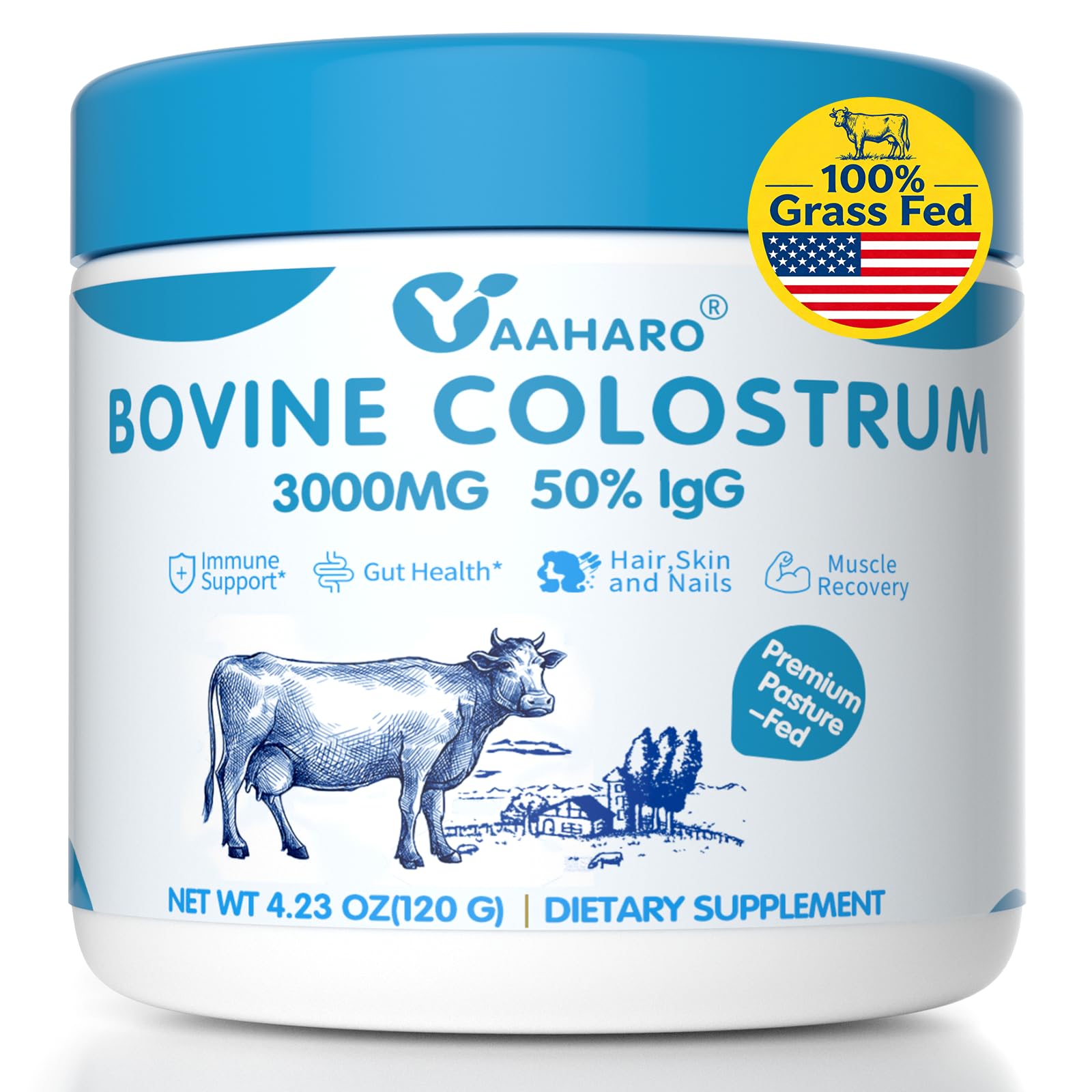 Yaaharo Colostrum en poudre, bovin alimenté à l'herbe, soutien potentiel du bien-être.