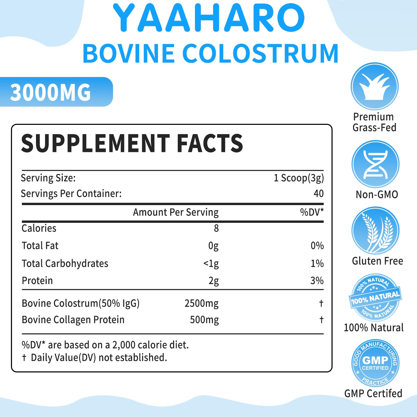Yaaharo Colostrum en poudre, dosage facile à mélanger dans l'eau.