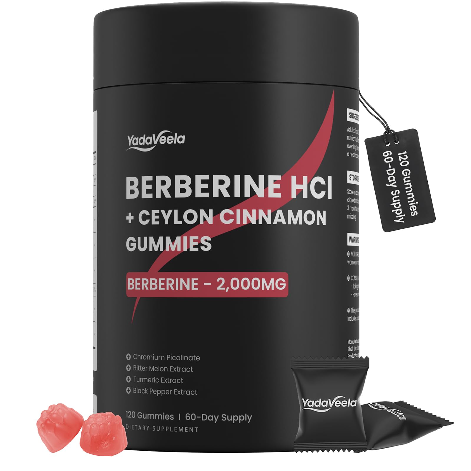Gommes Berberine HCl YadaVeela en bouteille, soutien métabolique pratique.