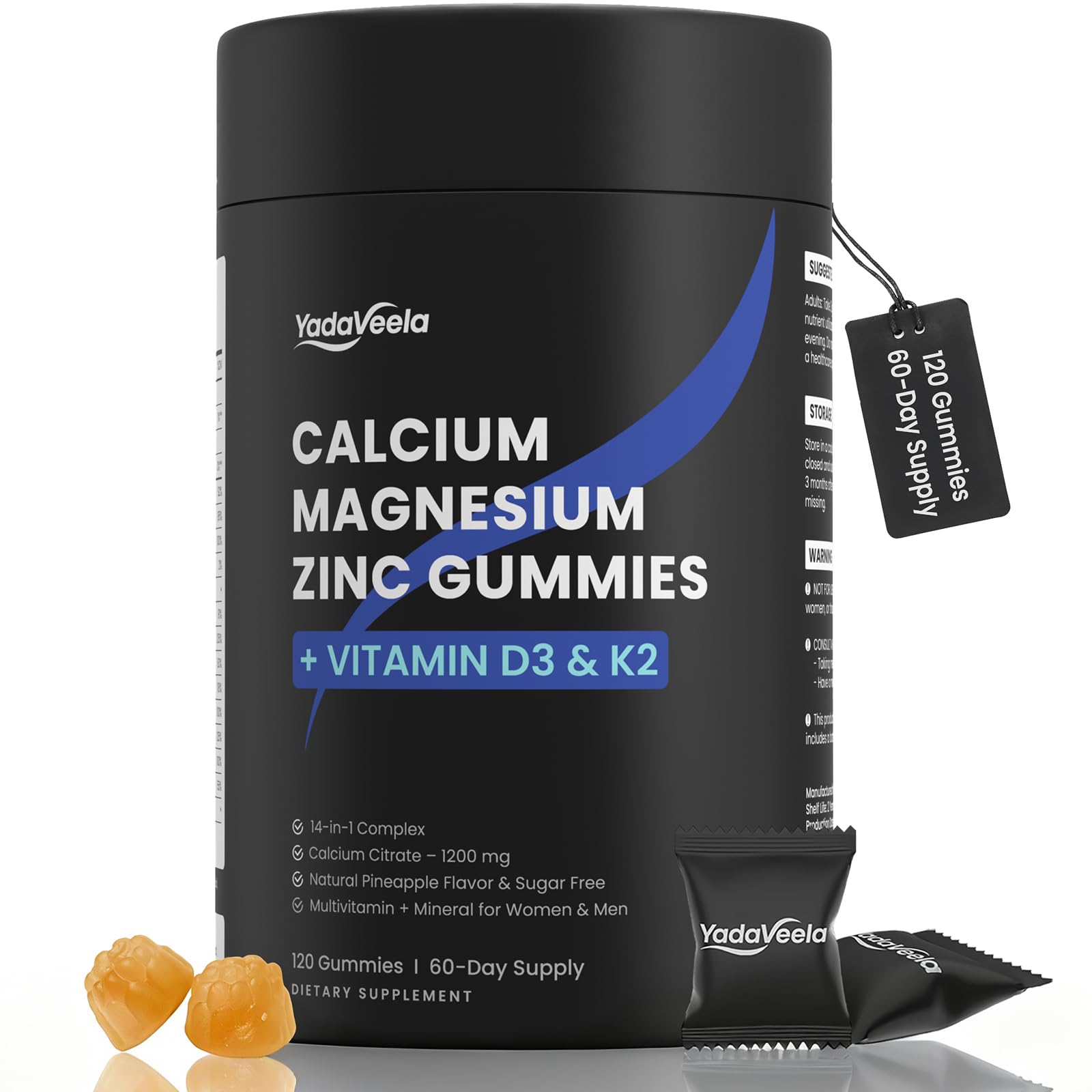 Gommes YadaVeela calcium citrate 1200 mg ananas pour le soutien osseux.
