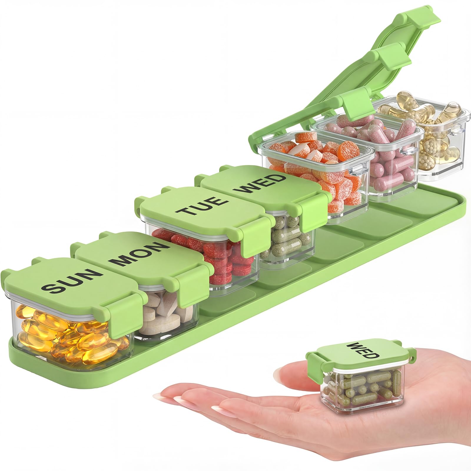 La boîte-pilules Yaklim-semaine-etanche-verte offre une organisation hebdomadaire fiable.