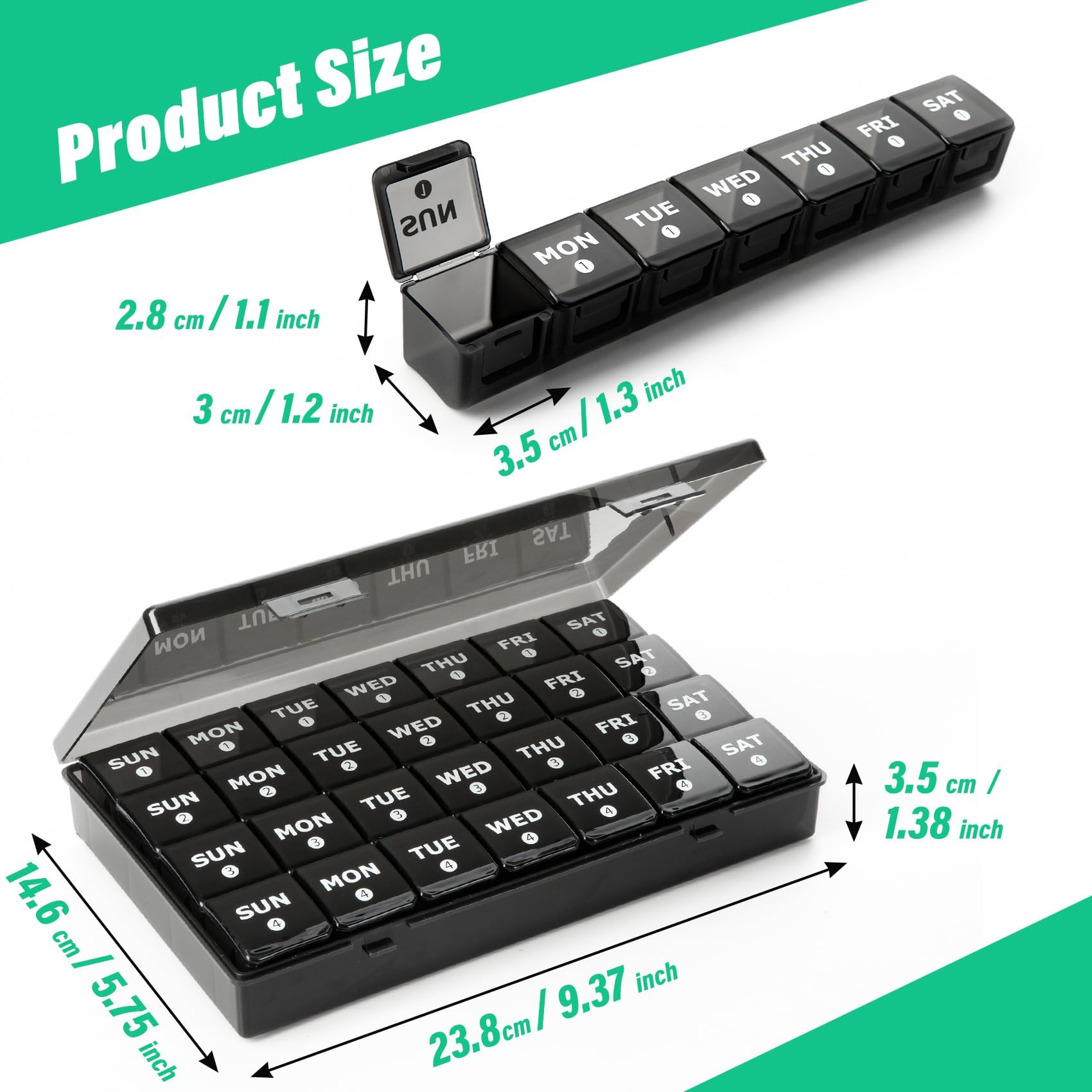 Yaklim design noir — organisateur polyvalent pour pilules et suppléments.